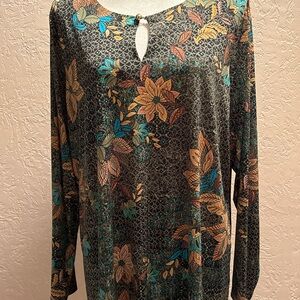 Susan Graver Floral Keyhole Tunic - Black, Teal, Tan